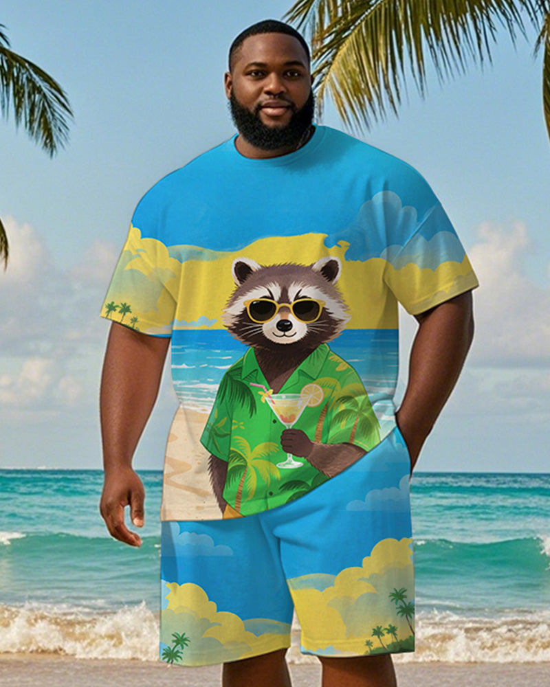 Big & Tall Blue Hawaiian Graphic T-Shirt Shorts Set for big men view 1