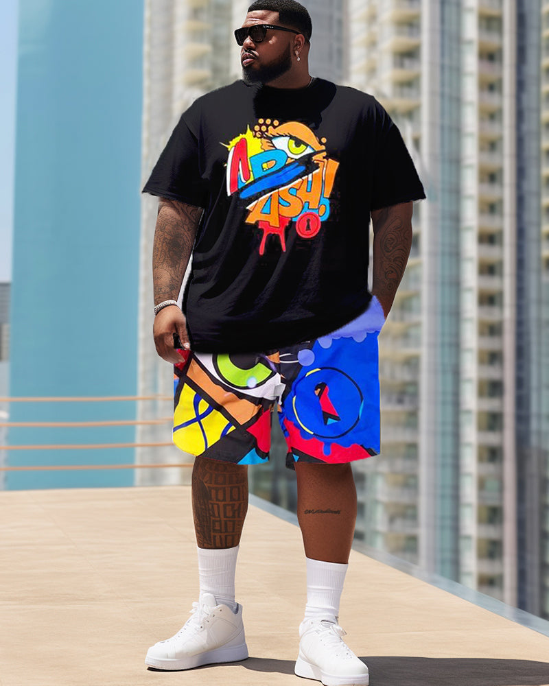 Big & Tall Graffiti Patchwork T-Shirt Shorts Set for big men view 1