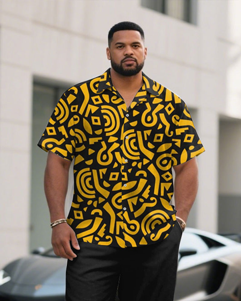 Big & Tall Black Yellow Geometric T-Shirt Pants Set for big men view 2