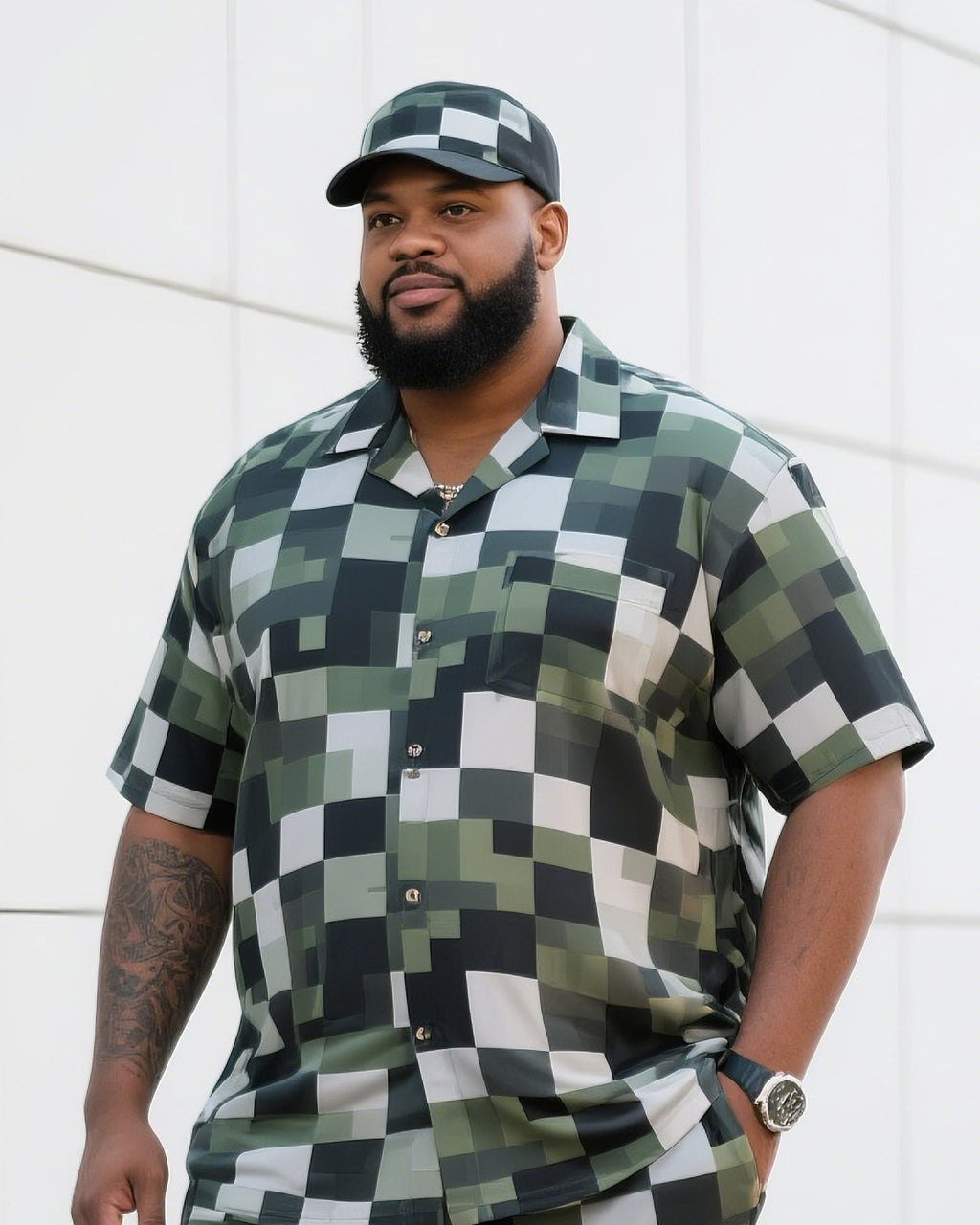 Big & Tall Plaid Camouflage T-Shirt Shorts Set for big men view 2
