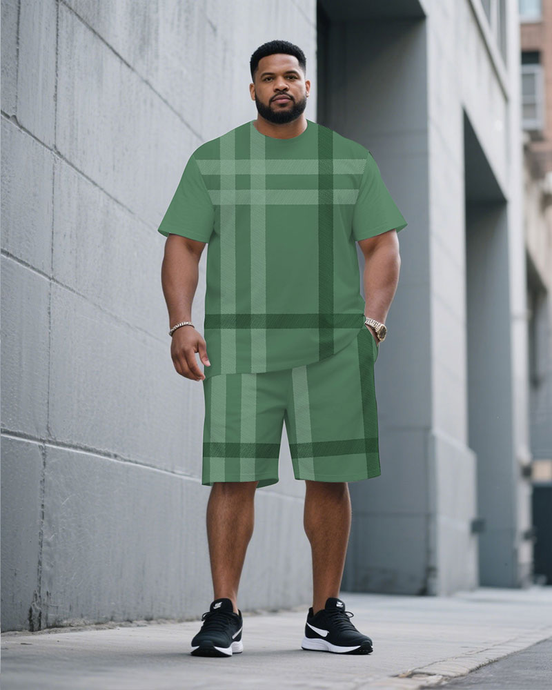 Big & Tall Green Plaid T-Shirt Shorts Set for big men view 1