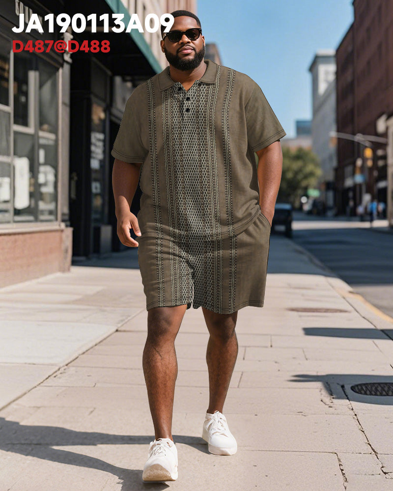 Big & Tall Brown Striped Graphic Polo Shorts Set for big men view 2