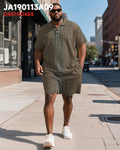 Big & Tall Brown Striped Graphic Polo Shorts Set for big men view 2