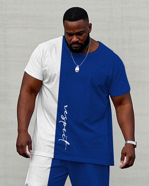 Big & Tall White Blue Colorblock T-Shirt Pants Set for big men view 2