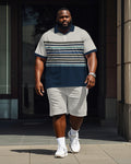 Big & Tall Blue Colorblock Striped Polo Shorts Set for big men view 1
