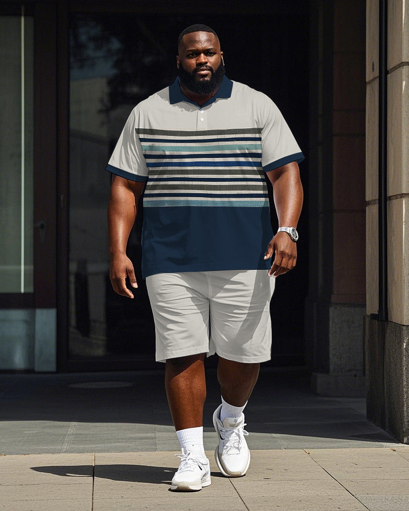 Big & Tall Blue Colorblock Striped Polo Shorts Set for big men view 1