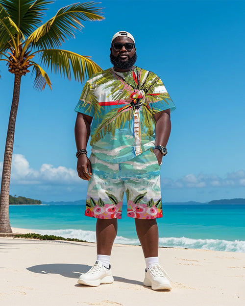 Big & Tall Hawaiian Graphic T-Shirt Shorts Set for big men view 1