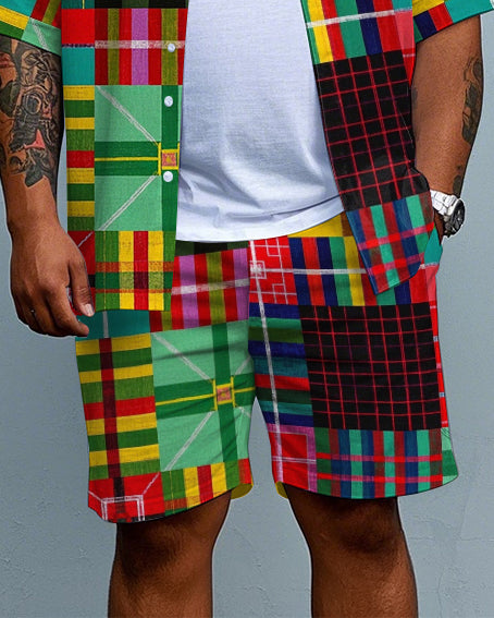 Big & Tall Colorblock Plaid T-Shirt Shorts Set for big men view 3