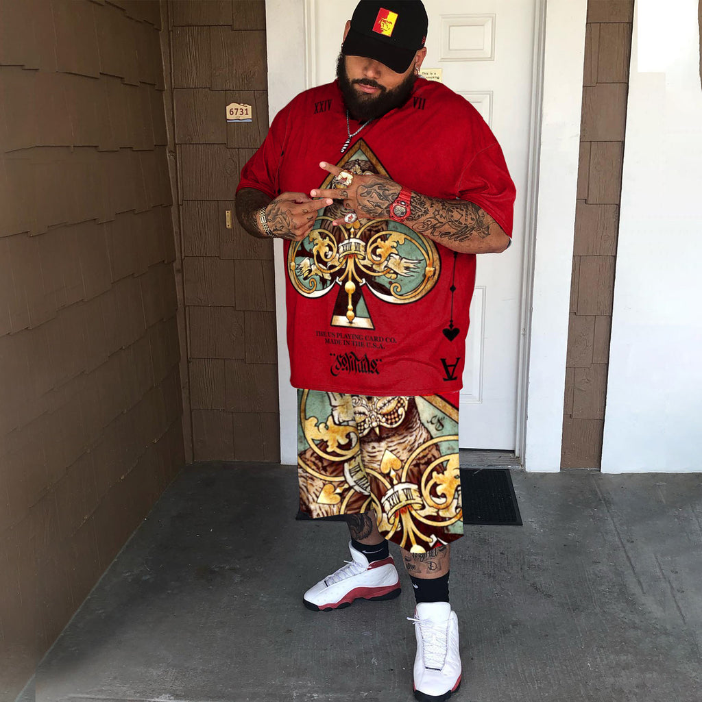 Big & Tall Red Athletic Streetwear T-Shirt Shorts Set for big men view 2