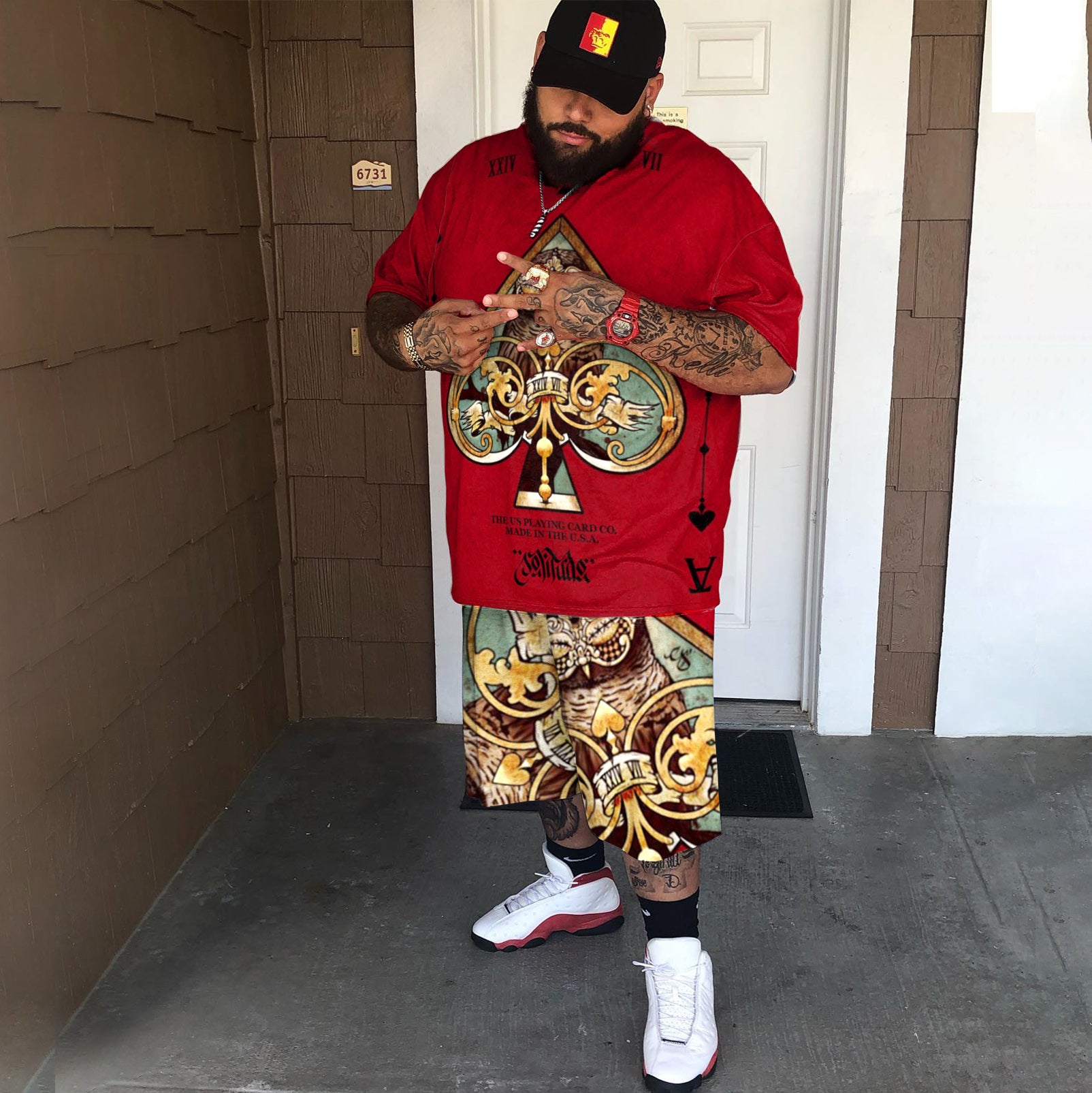 Big & Tall Red Athletic Streetwear T-Shirt Shorts Set for big men view 2