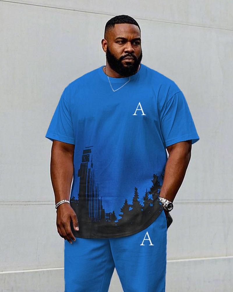 Big & Tall Blue Graphic Streetwear Two-piece Set for big men view 2