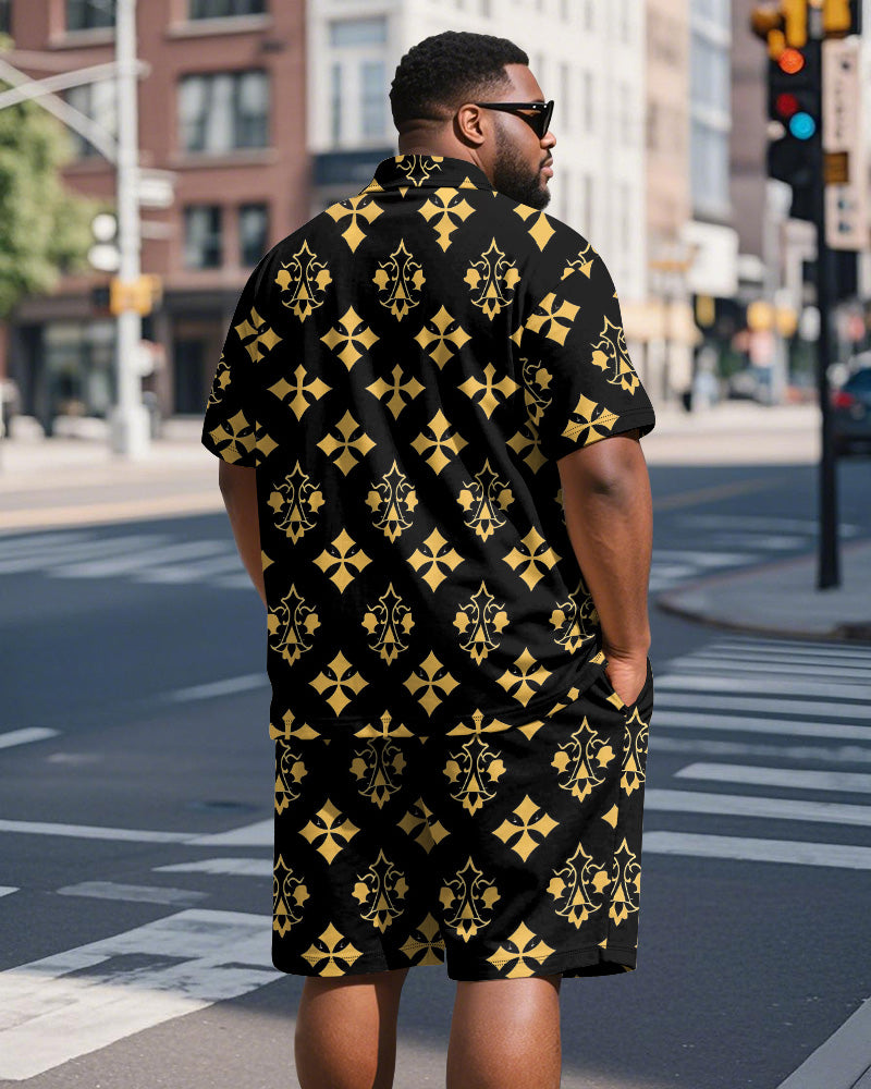 Big & Tall Black Yellow Colorblock Polo Shorts Set for big men view 5