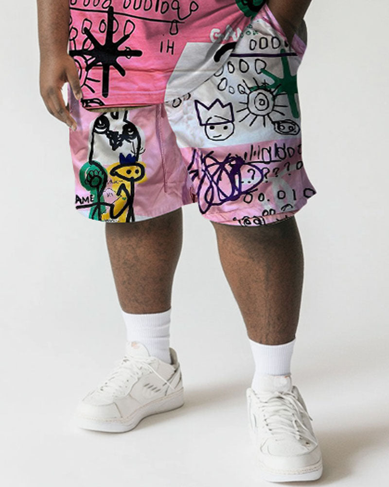 Big & Tall Pink Graphic Graffiti T-Shirt Shorts Set for big men view 3