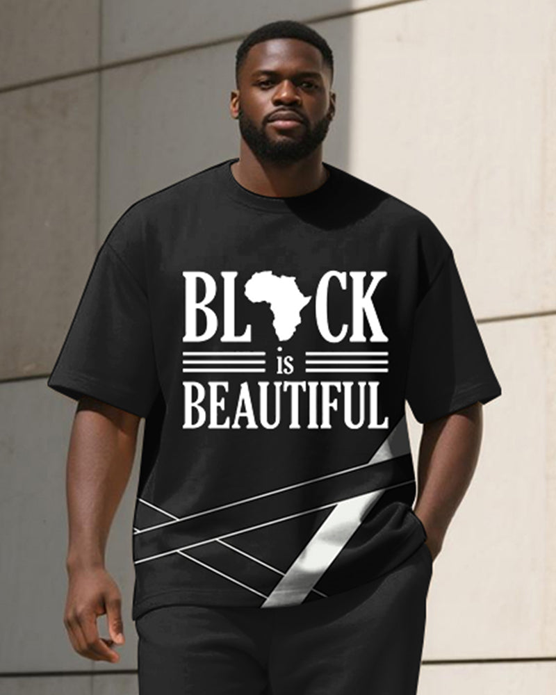 Big & Tall Black Geometric Striped T-Shirt Pants Set for big men view 1