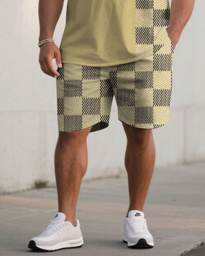 Big & Tall Khaki Patchwork T-Shirt Shorts Set for big men view 3