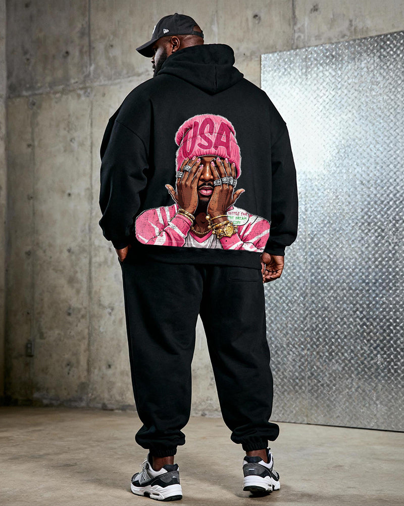 Big & Tall Black Pink Graffiti Hoodie Sweatpants Set for big men view 1
