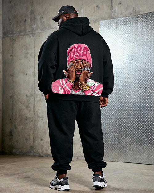 Big & Tall Black Pink Graffiti Hoodie Sweatpants Set for big men view 1
