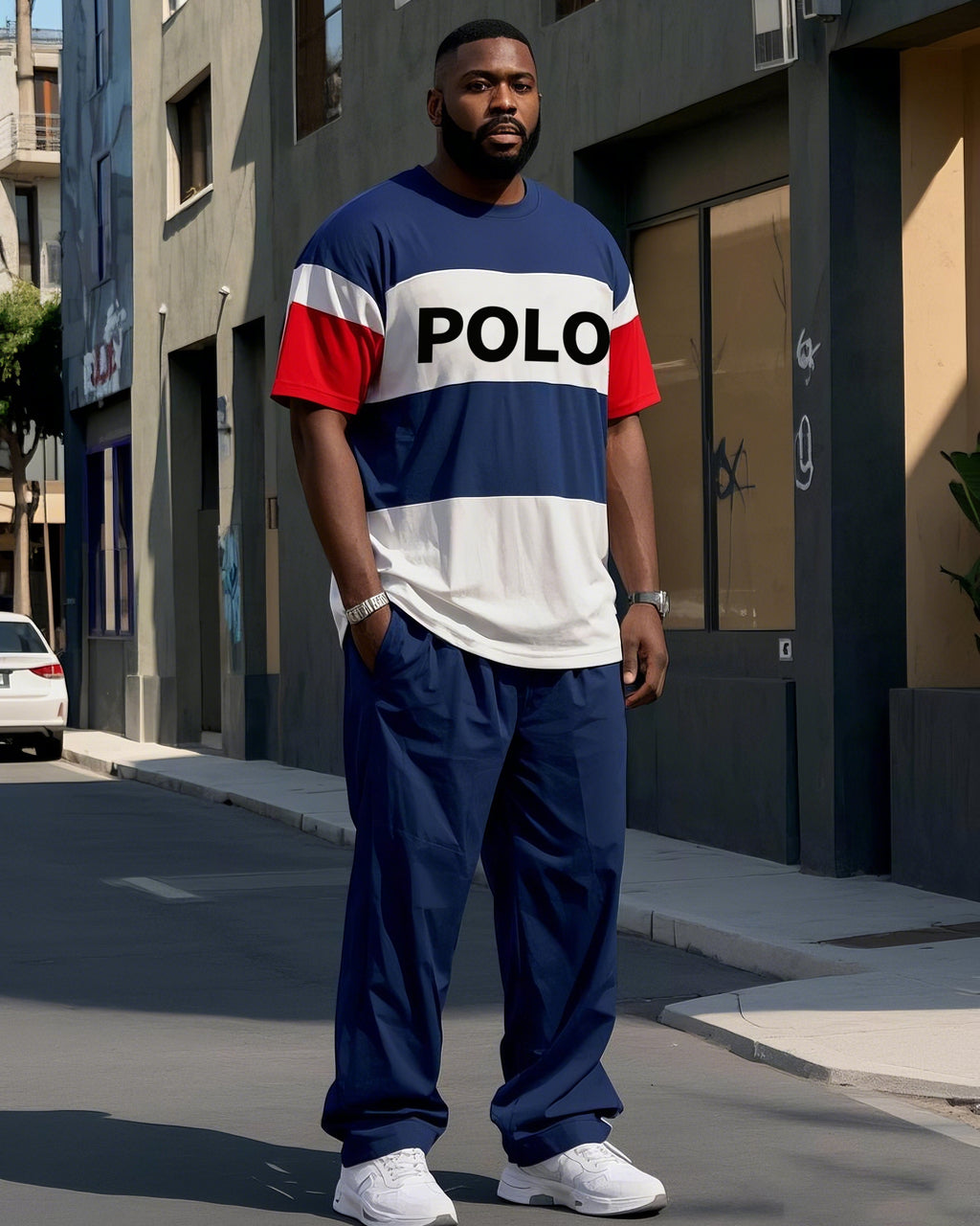 Big & Tall Black Blue Striped T-Shirt Pants Set for big men view 1