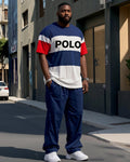Big & Tall Black Blue Striped T-Shirt Pants Set for big men view 1