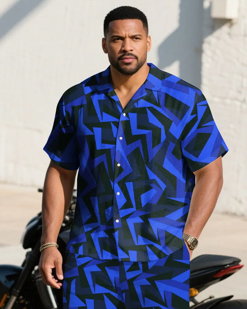 Big & Tall Blue Geometric Graphic T-Shirt Shorts Set for big men view 2