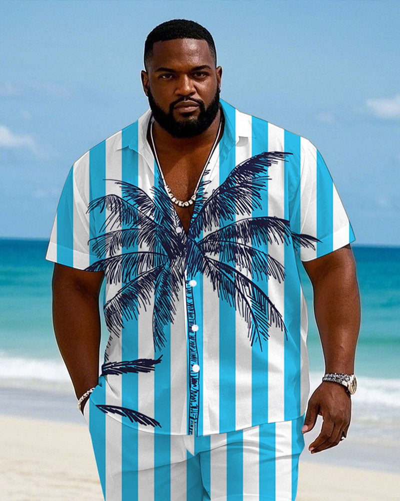 Big & Tall White Blue Hawaiian T-Shirt Shorts Set for big men view 2