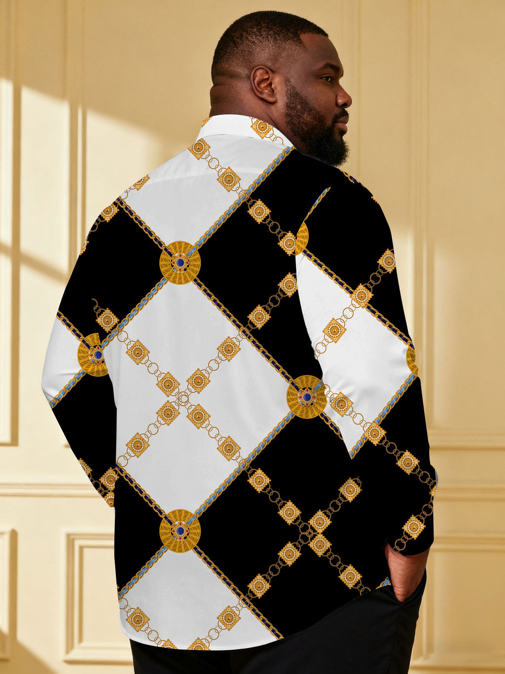 Big & Tall Black White Long Sleeve Shirt for big men view 2