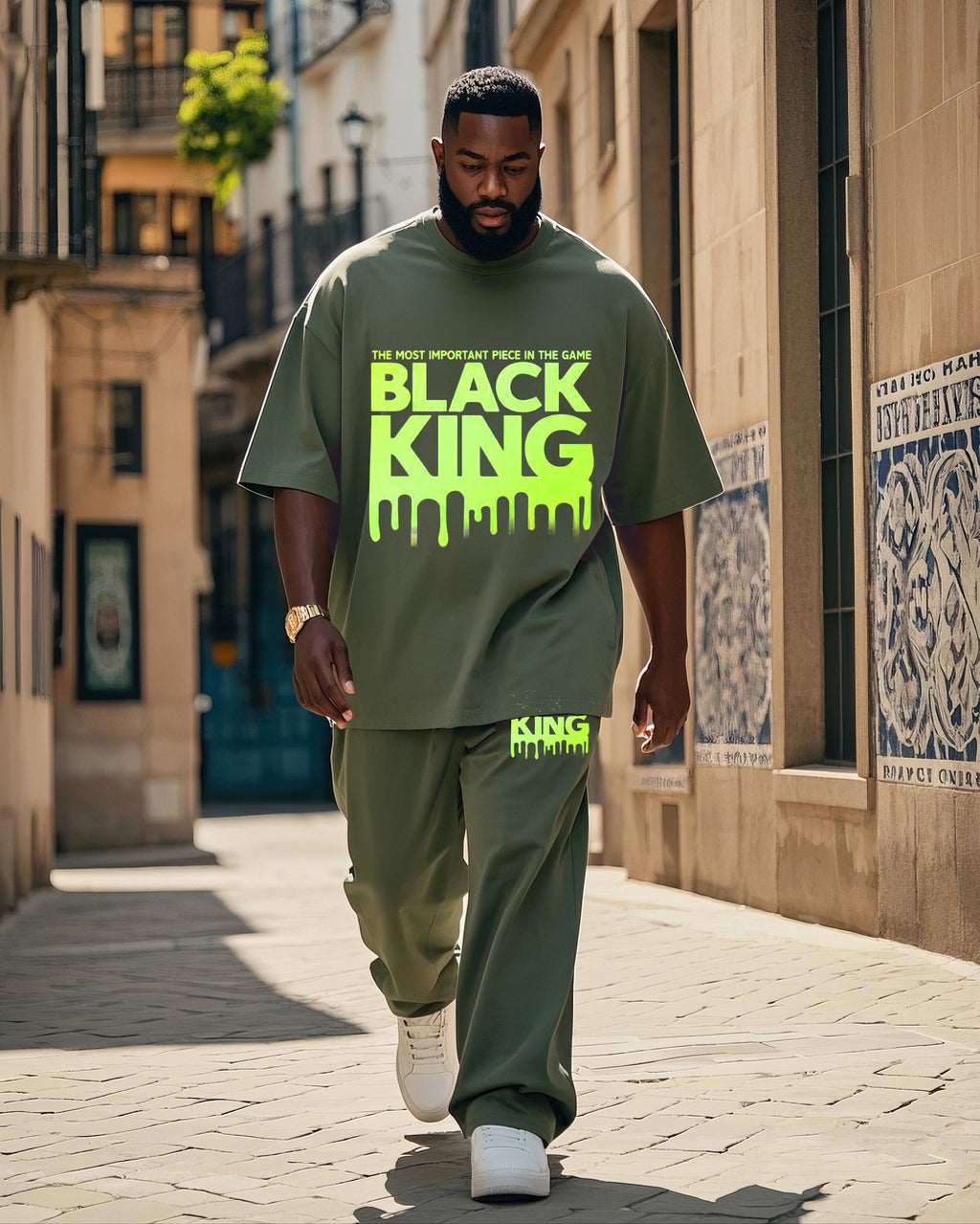 Big & Tall Black Green Graphic Two-piece Set for big men view 1