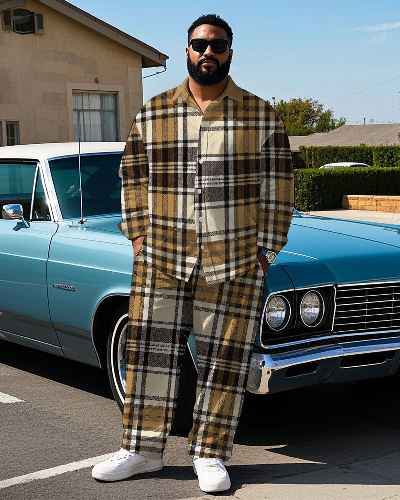 Big & Tall Brown Plaid T-Shirt Pants Set for big men view 1