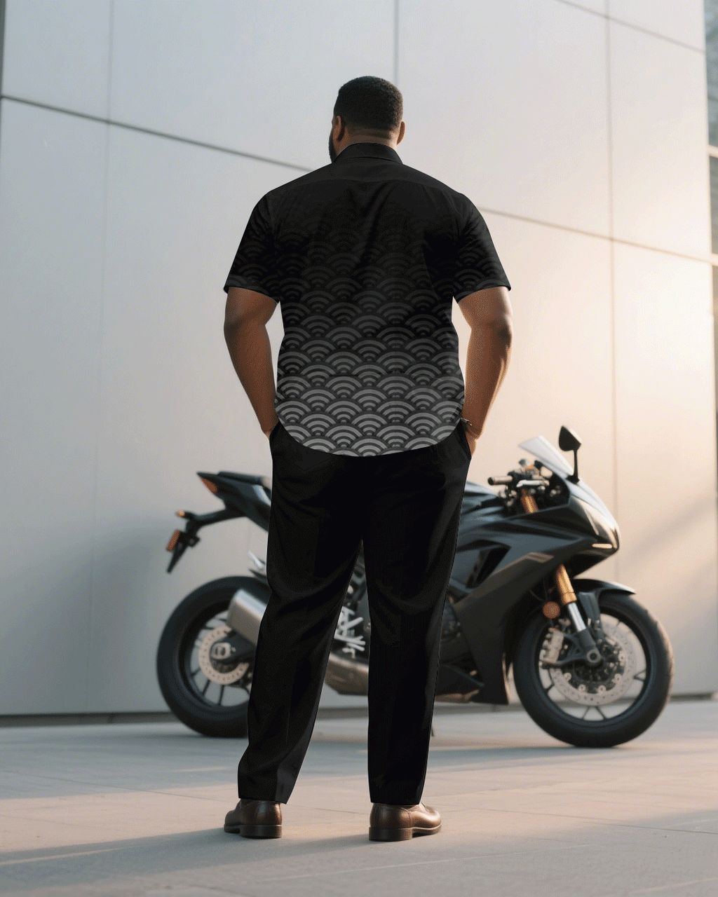 Big & Tall Black Gradient Geometric T-Shirt Pants Set for big men view 4