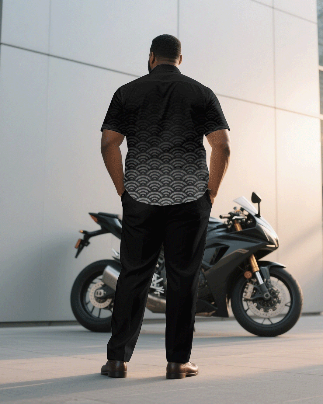 Big & Tall Black Gradient Geometric T-Shirt Pants Set for big men view 4