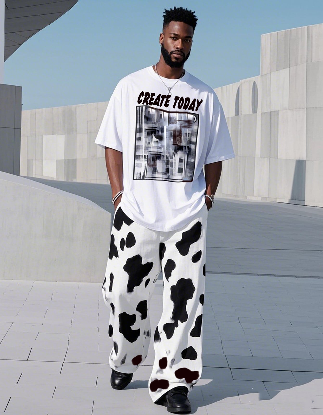 Big & Tall Black White Graphic T-Shirt Pants Set for big men view 1