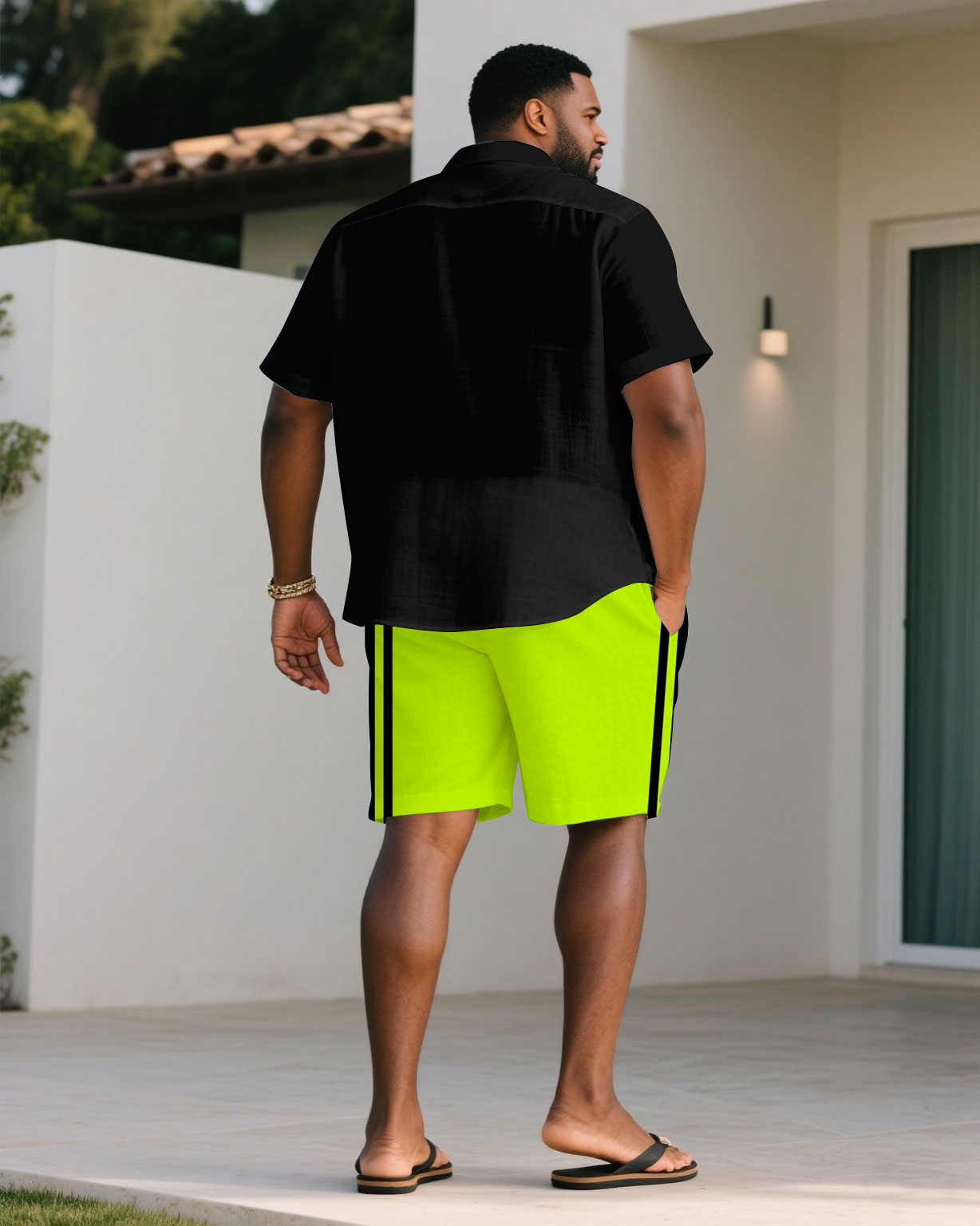 Big & Tall Black Green Colorblock T-Shirt Shorts Set for big men view 4