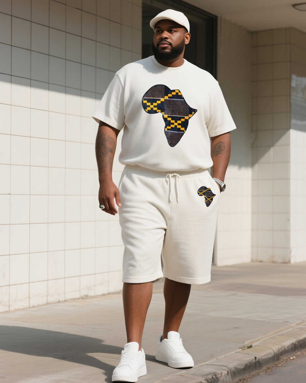 Big & Tall Beige Graphic T-Shirt Shorts Set for big men view 1