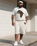 Big & Tall Beige Graphic T-Shirt Shorts Set for big men view 1