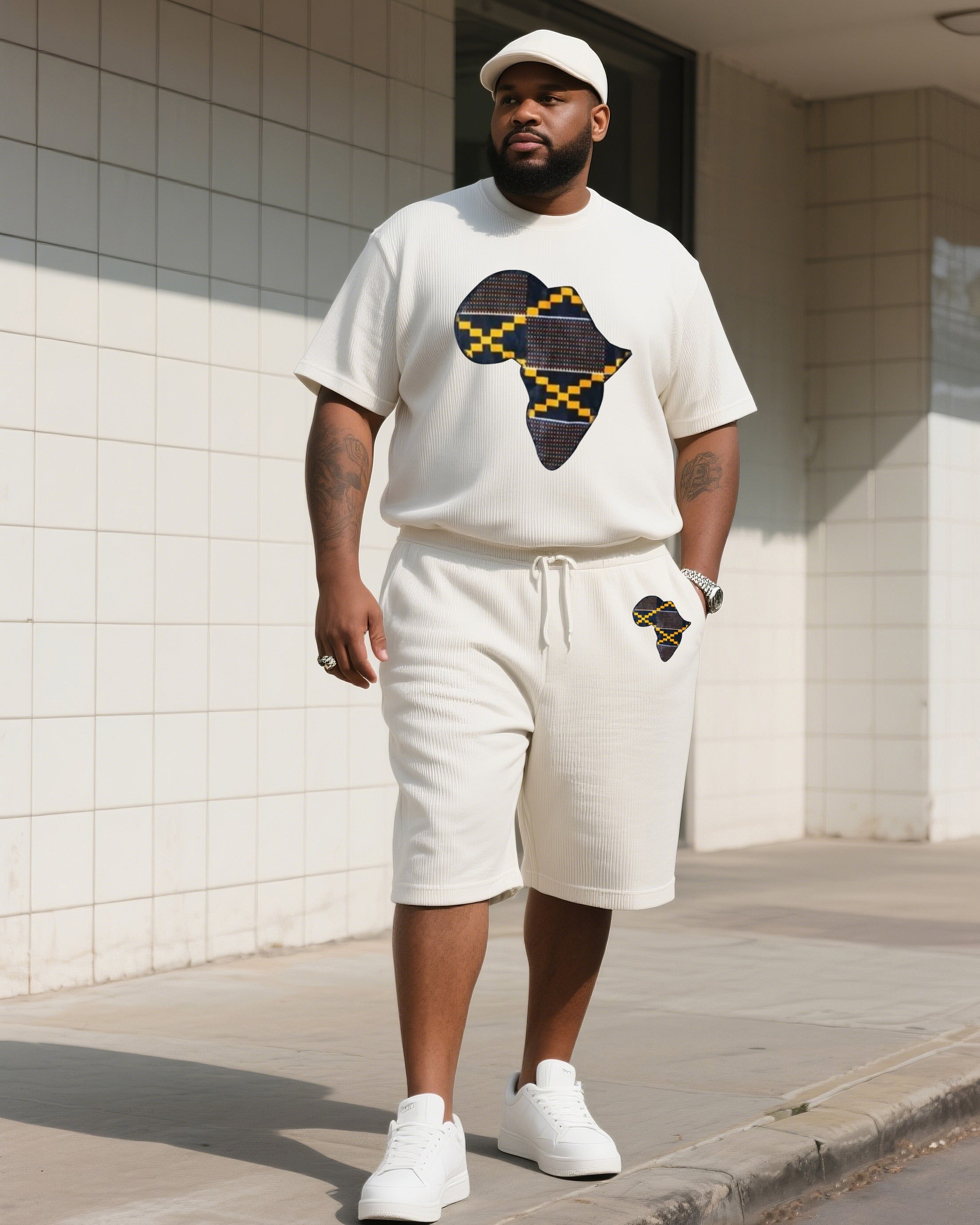 Big & Tall Beige Graphic T-Shirt Shorts Set for big men view 1