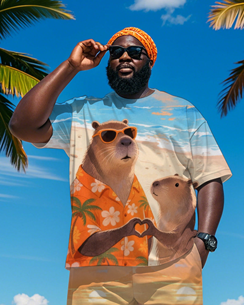 Big & Tall Orange Hawaiian Graphic T-Shirt Shorts Set for big men view 3