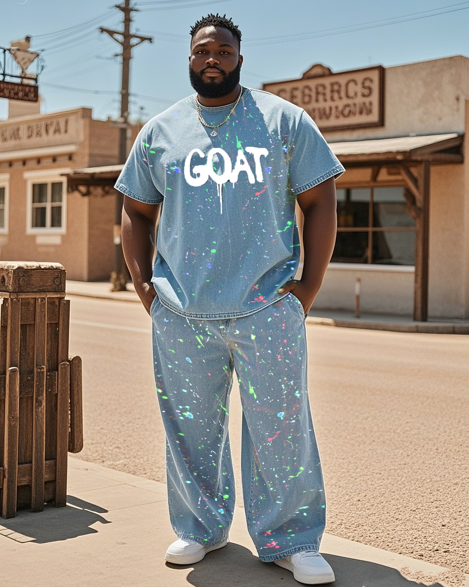 Big & Tall Denim Splash Ink T-Shirt Pants Set for big men view 1