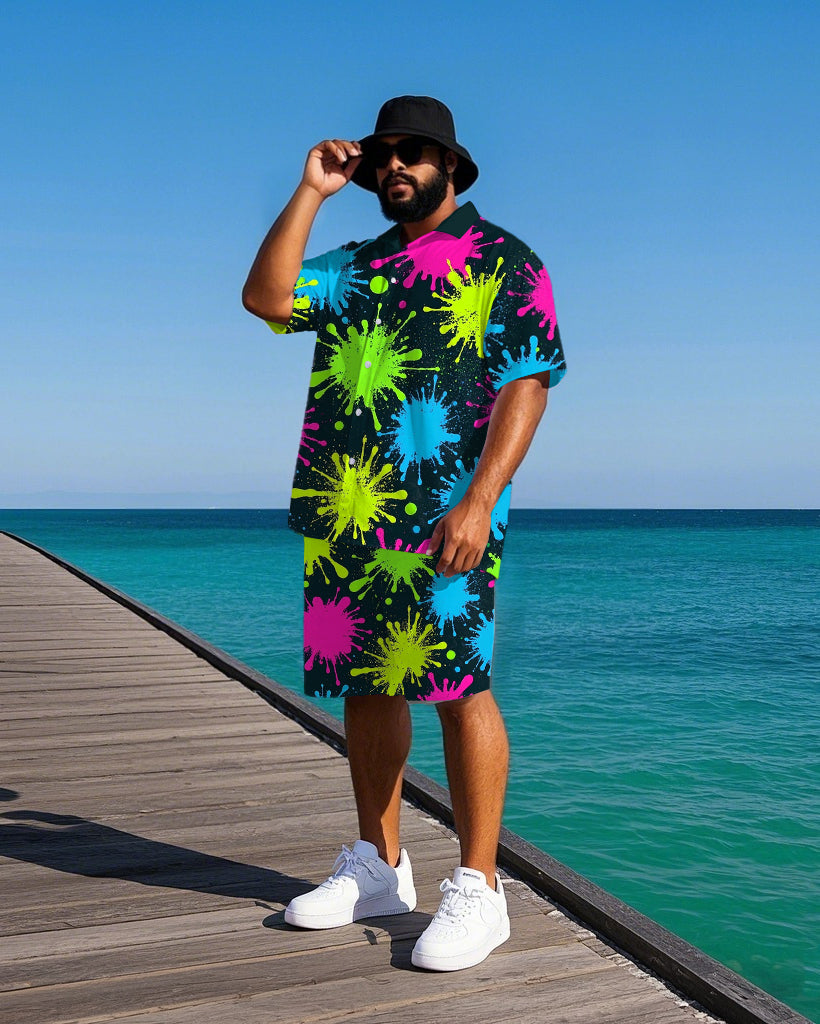 Big & Tall Hawaiian Splash Ink T-Shirt Shorts Set for big men view 1