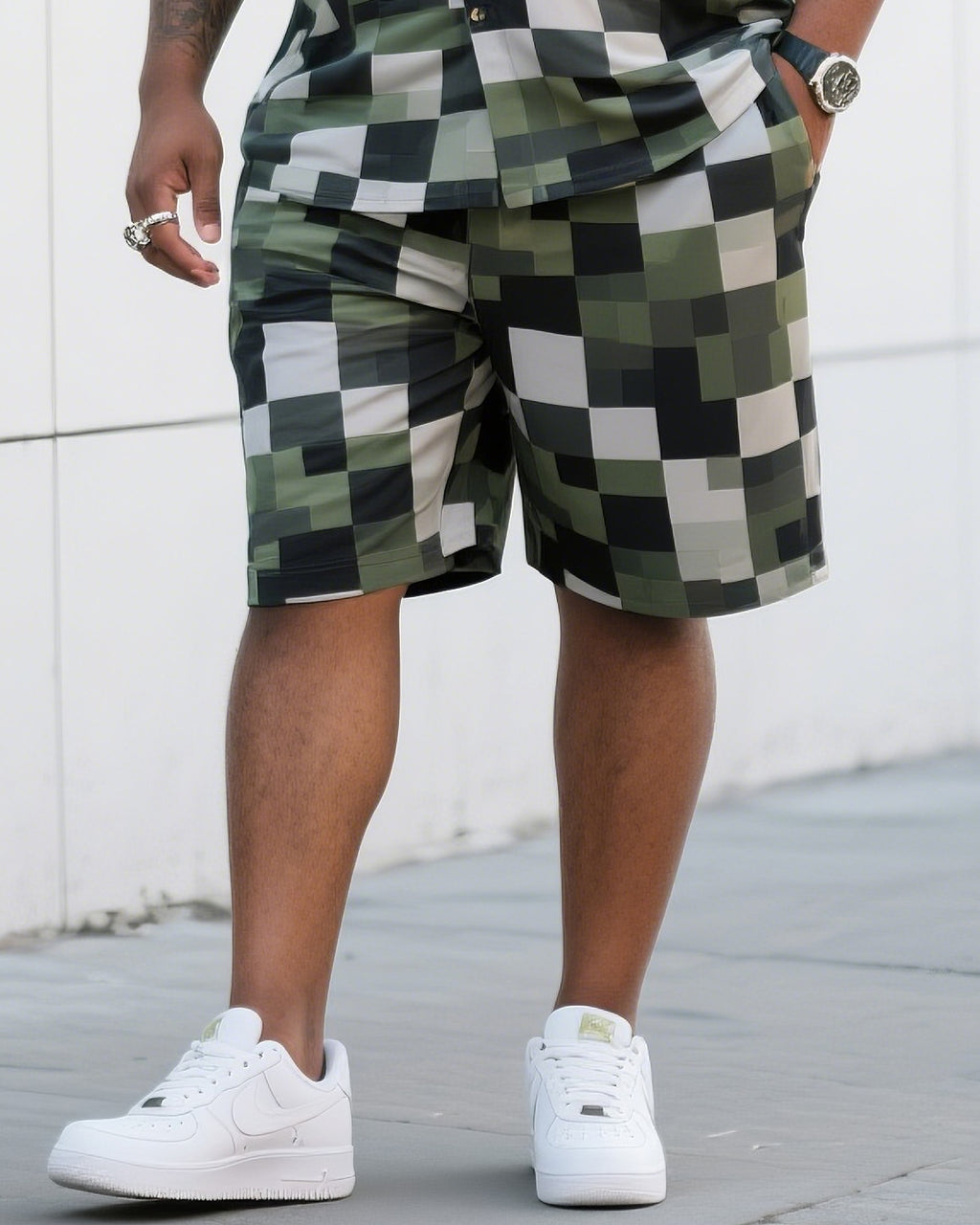 Big & Tall Plaid Camouflage T-Shirt Shorts Set for big men view 3