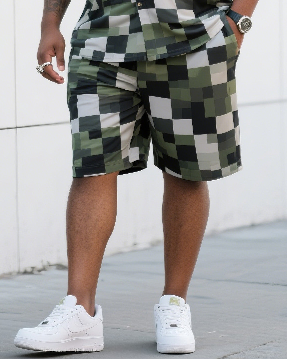 Big & Tall Plaid Camouflage T-Shirt Shorts Set for big men view 3