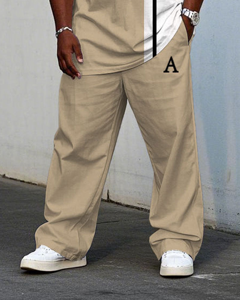 Big & Tall White Khaki Colorblock T-Shirt Pants Set for big men view 3