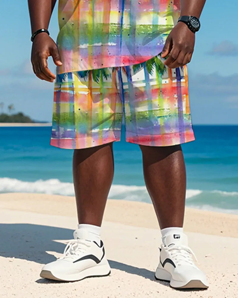 Big & Tall Hawaiian Plaid Graphic T-Shirt Shorts Set for big men view 3