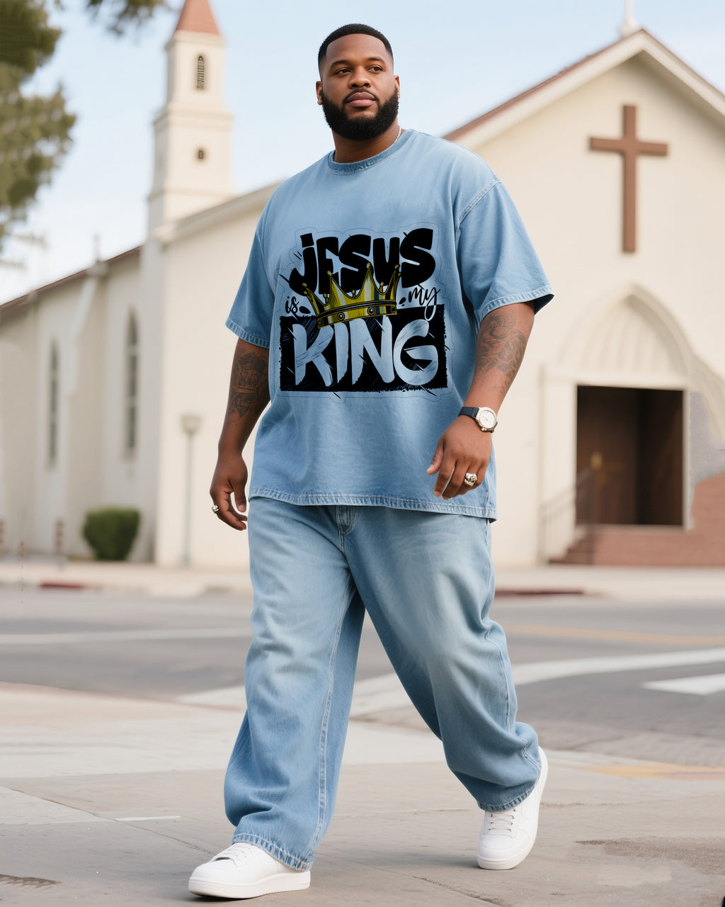 Big & Tall Denim Graphic T-Shirt Pants Set for big men view 1