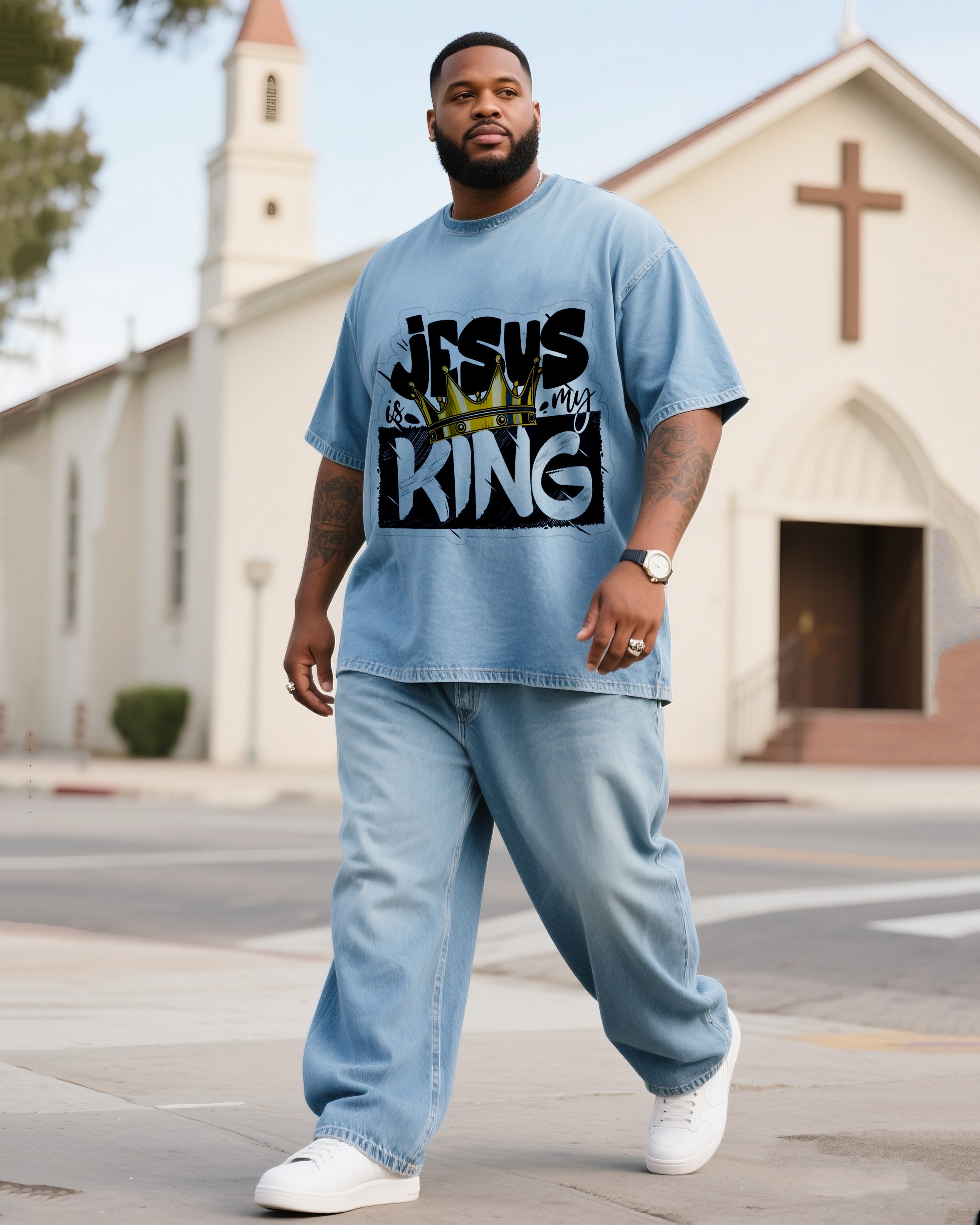 Big & Tall Denim Graphic T-Shirt Pants Set for big men view 1