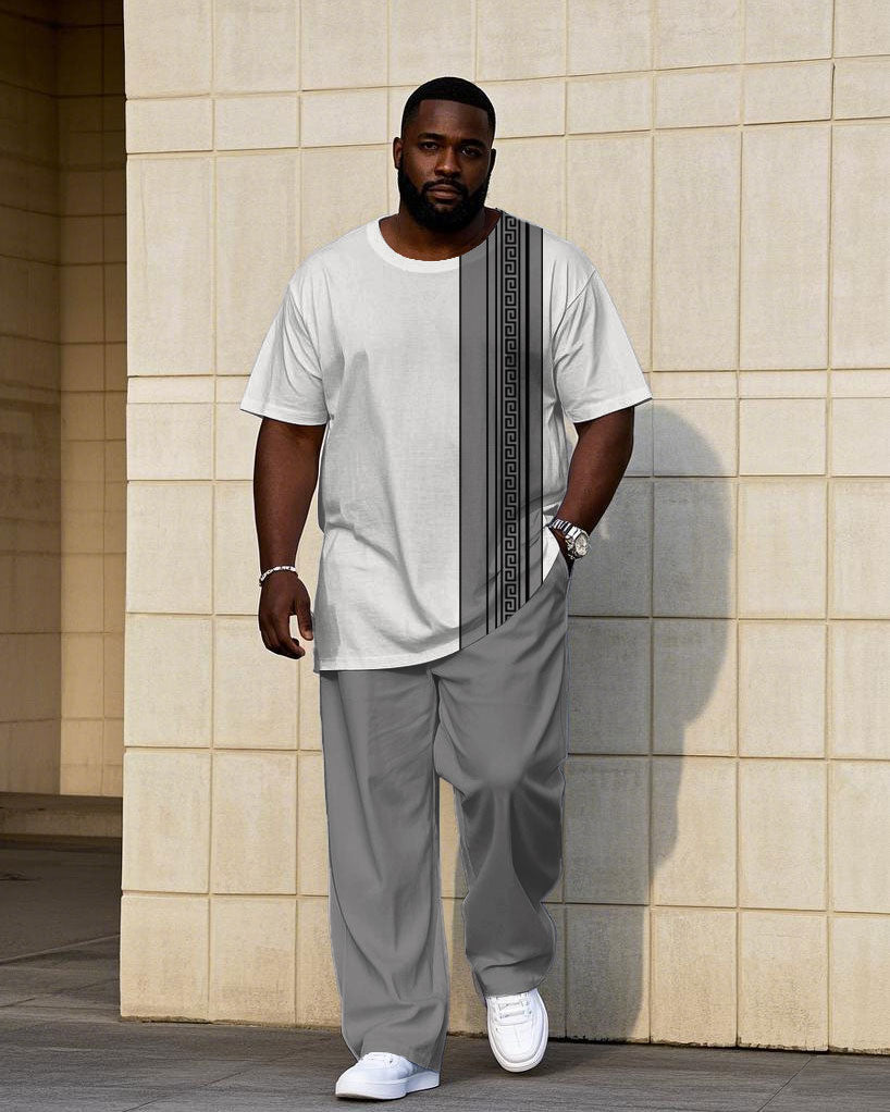 Big & Tall White Gray Patchwork T-Shirt Pants Set for big men view 1