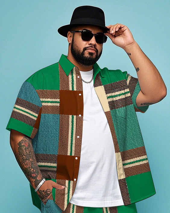 Big & Tall Green Plaid T-Shirt Shorts Set for big men view 2