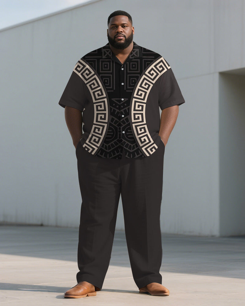 Big & Tall Brown Geometric Graphic T-Shirt Pants Set for big men view 1