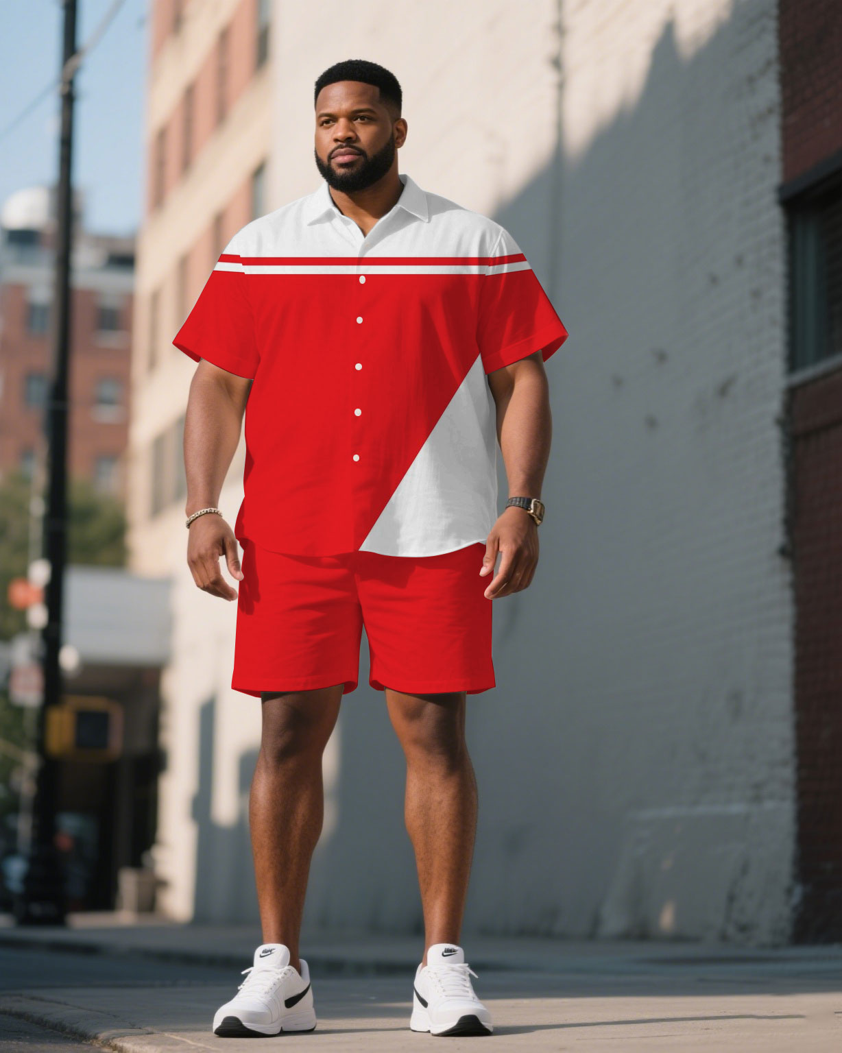 Big & Tall White Red Hawaiian T-Shirt Shorts Set for big men view 1