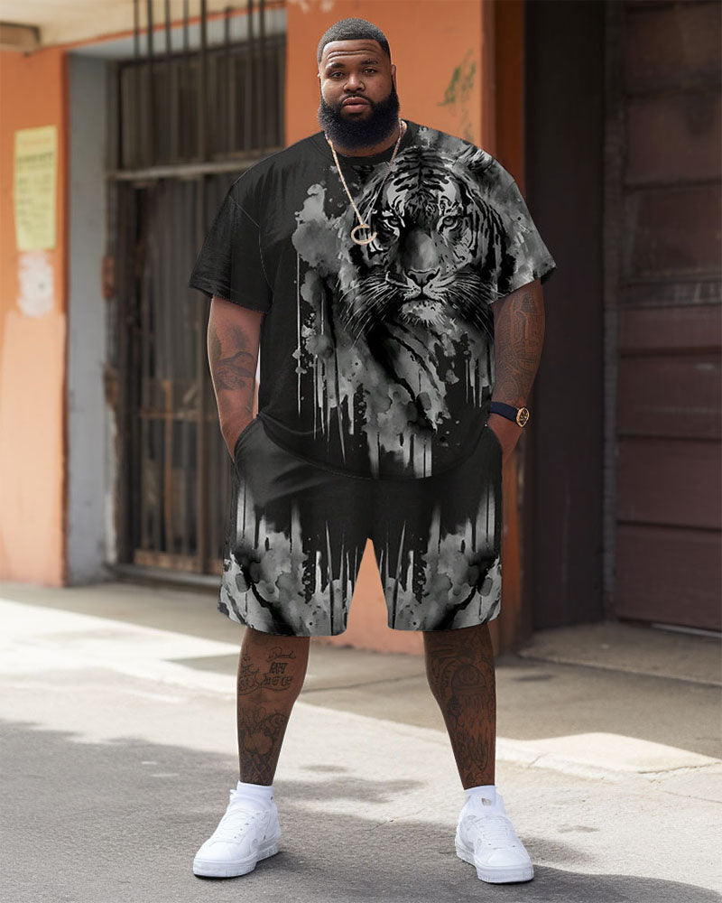 Big & Tall Black White Graphic T-Shirt Shorts Set for big men view 1