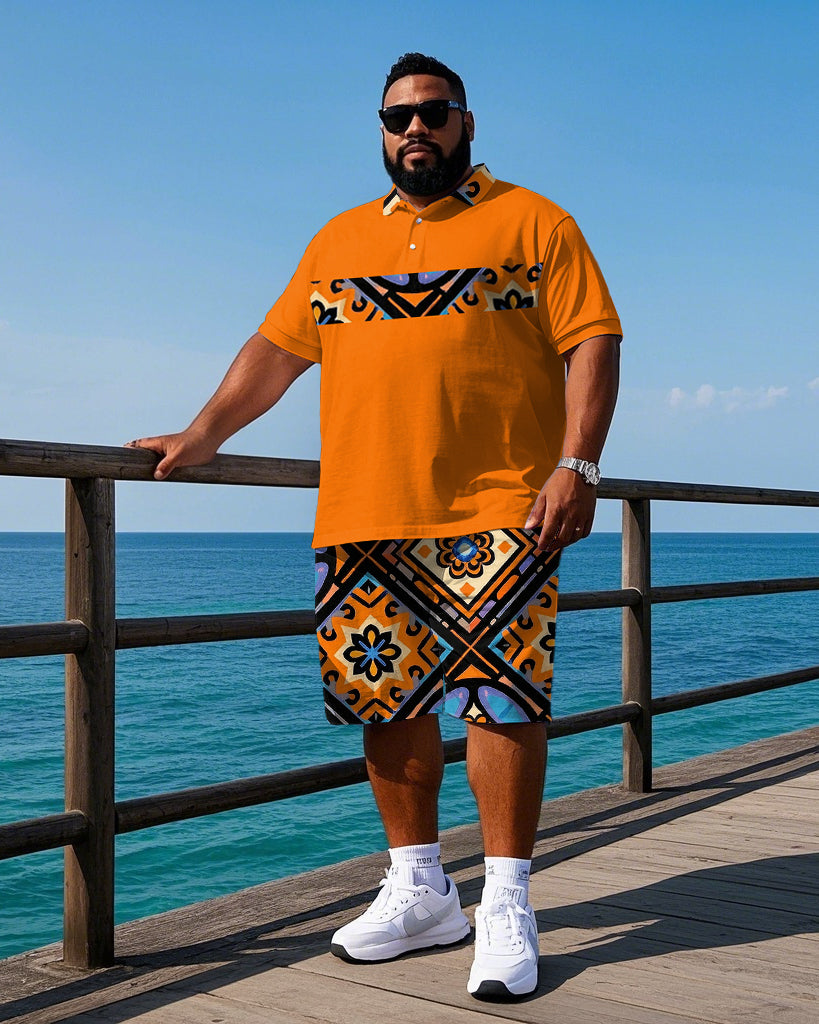 Big & Tall Geometric Vintage Polo Shorts Set for big men view 1